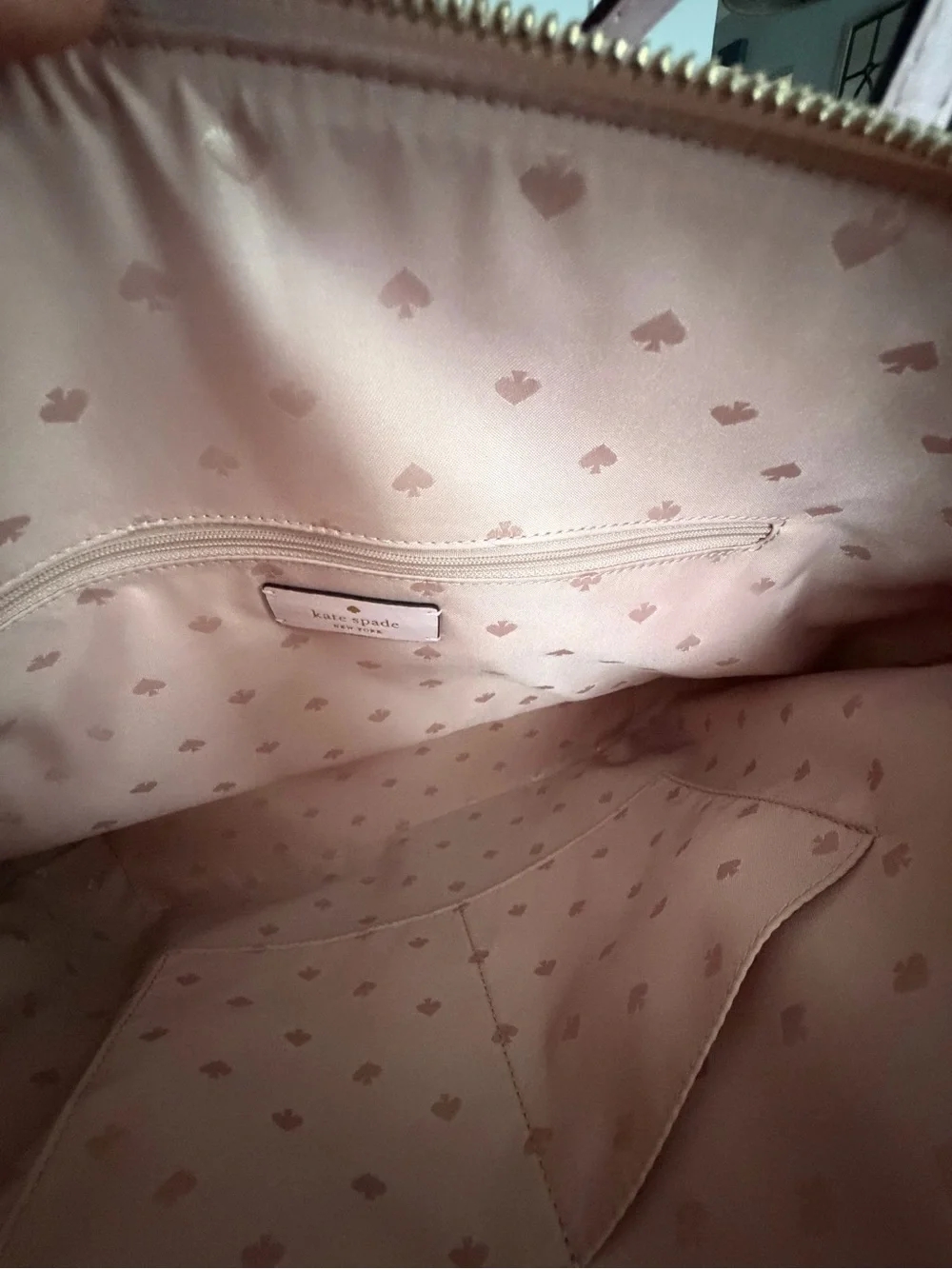 kate spade pale pink leather tote with gold logo